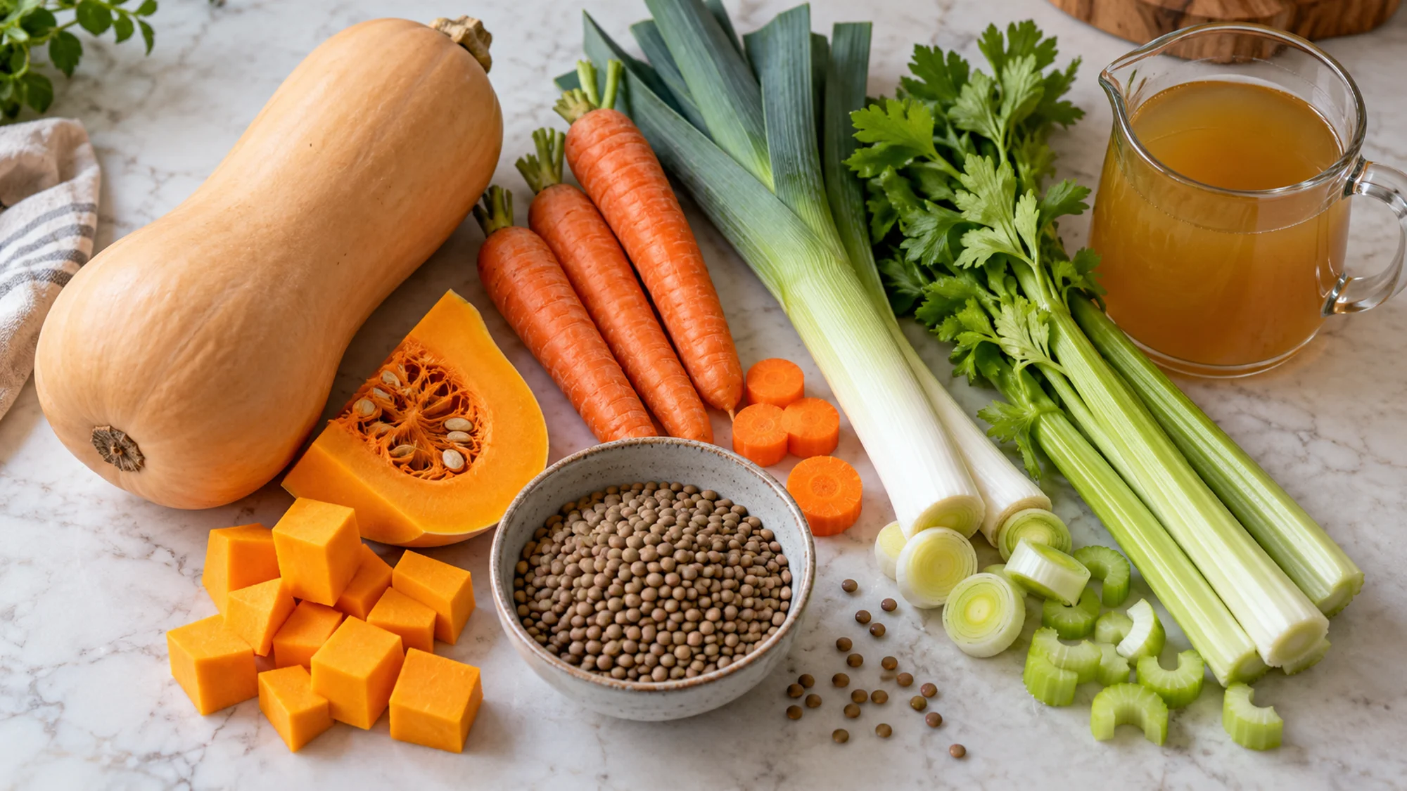 Butternut squash, carrots, leeks, celery and dry lentils for soup season