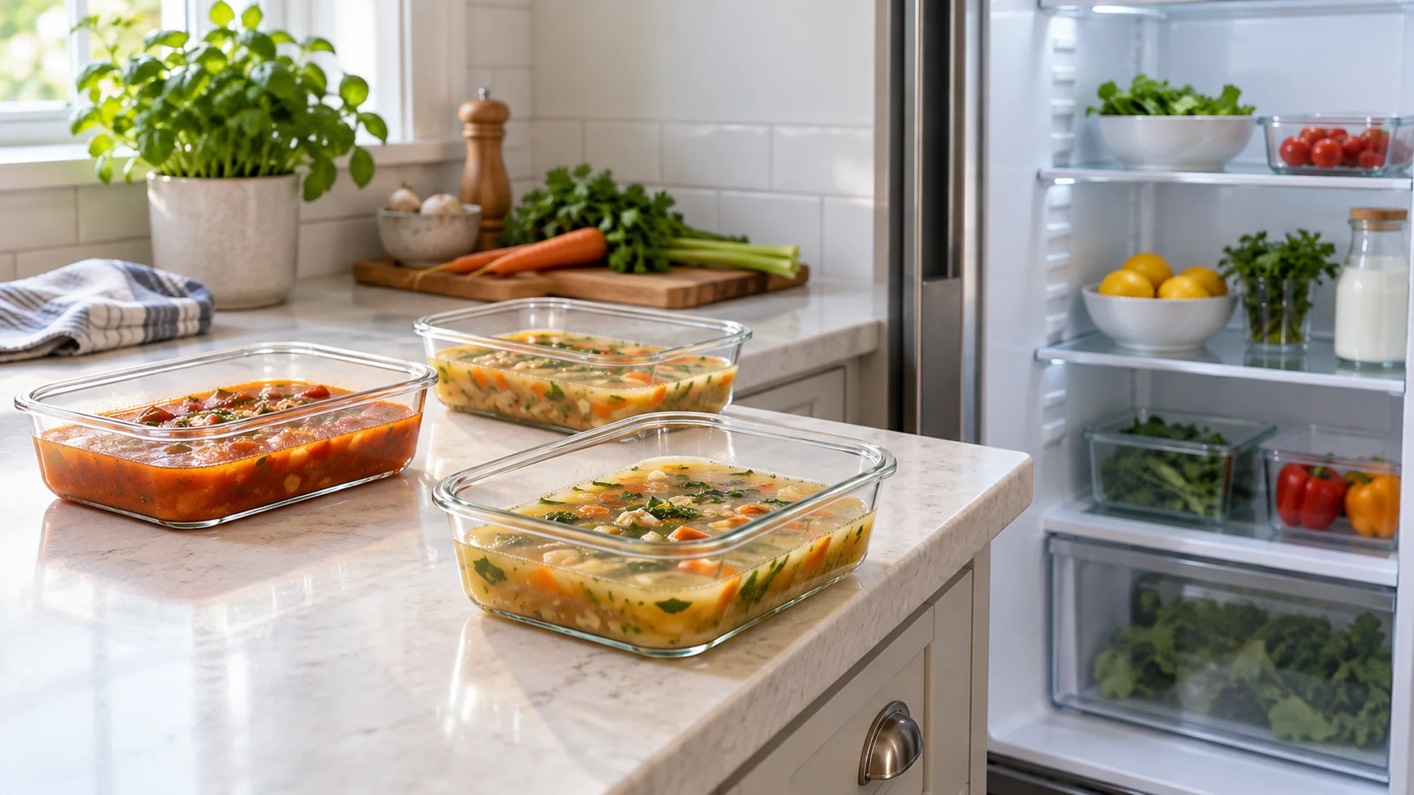 Soup divided between three shallow containers beside an open refrigerator