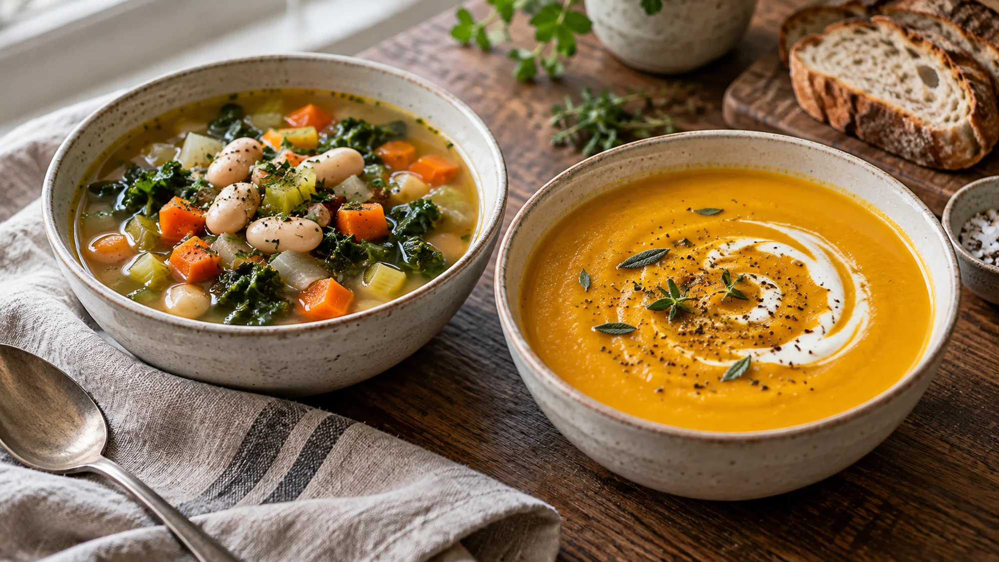 Chunky vegetable and white bean soup beside smooth squash soup