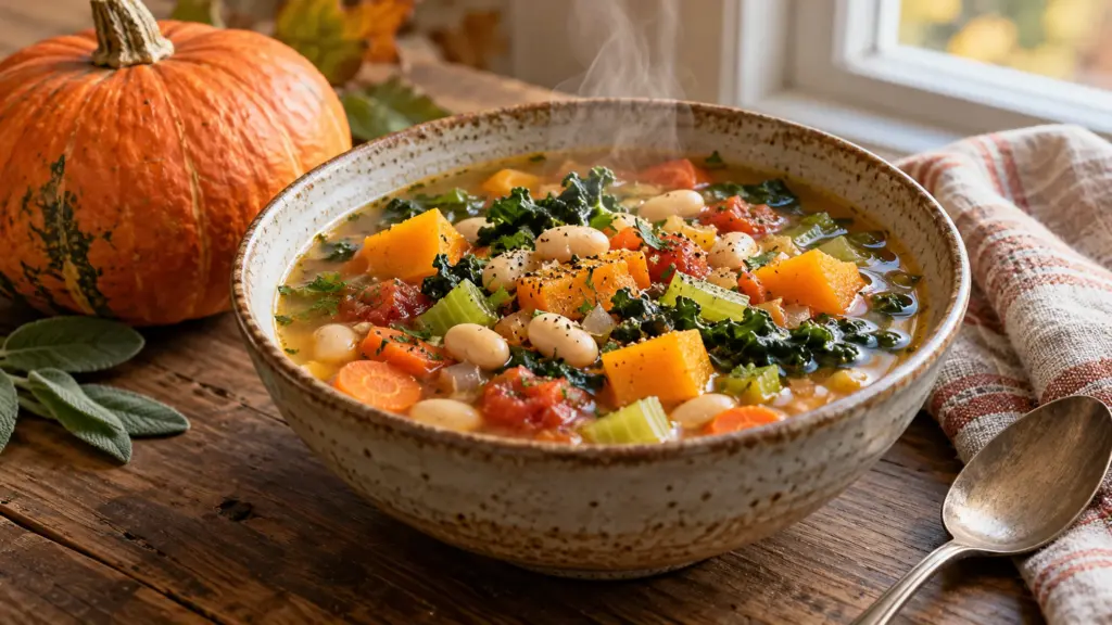 Steaming vegetable and white bean soup beside an autumn squash for soup season