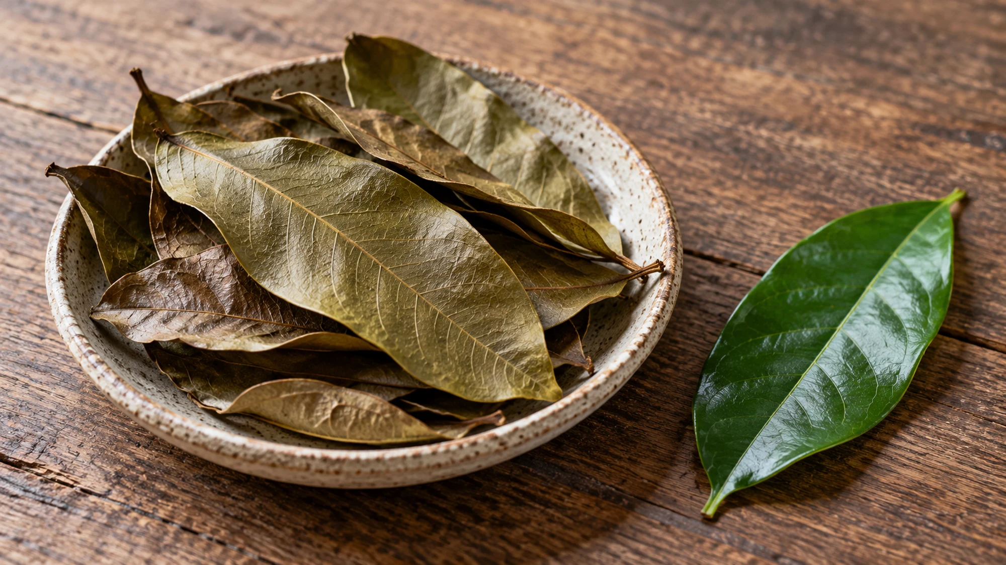Whole dried soursop leaves in a shallow dish beside a fresh green leaf