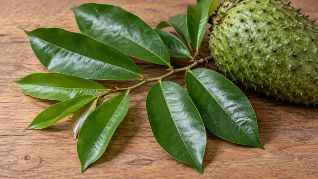 Glossy green soursop leaves on a twig beside a whole soft-spined fruit