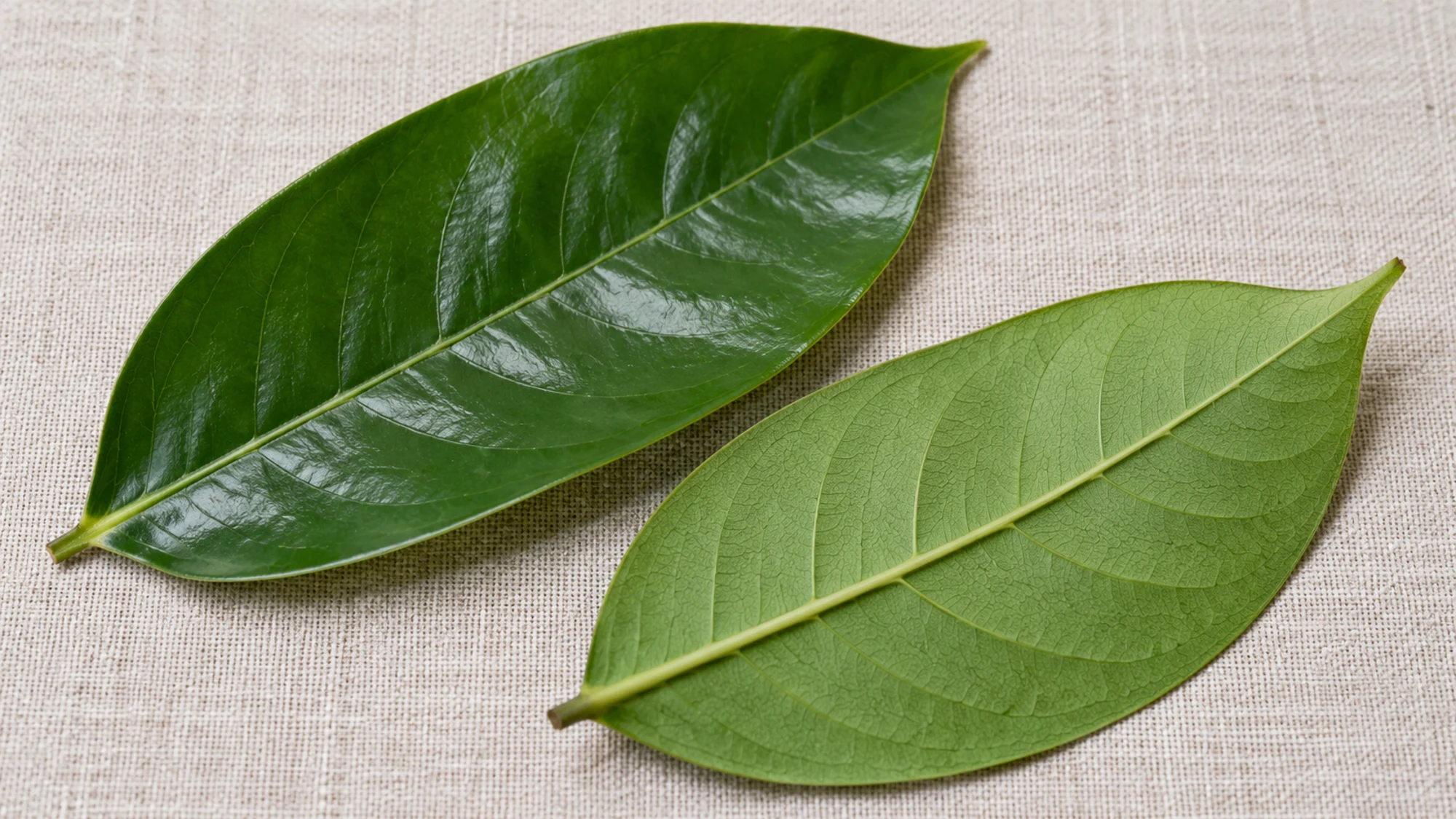 Two soursop leaves showing a dark glossy upper surface and lighter veined underside
