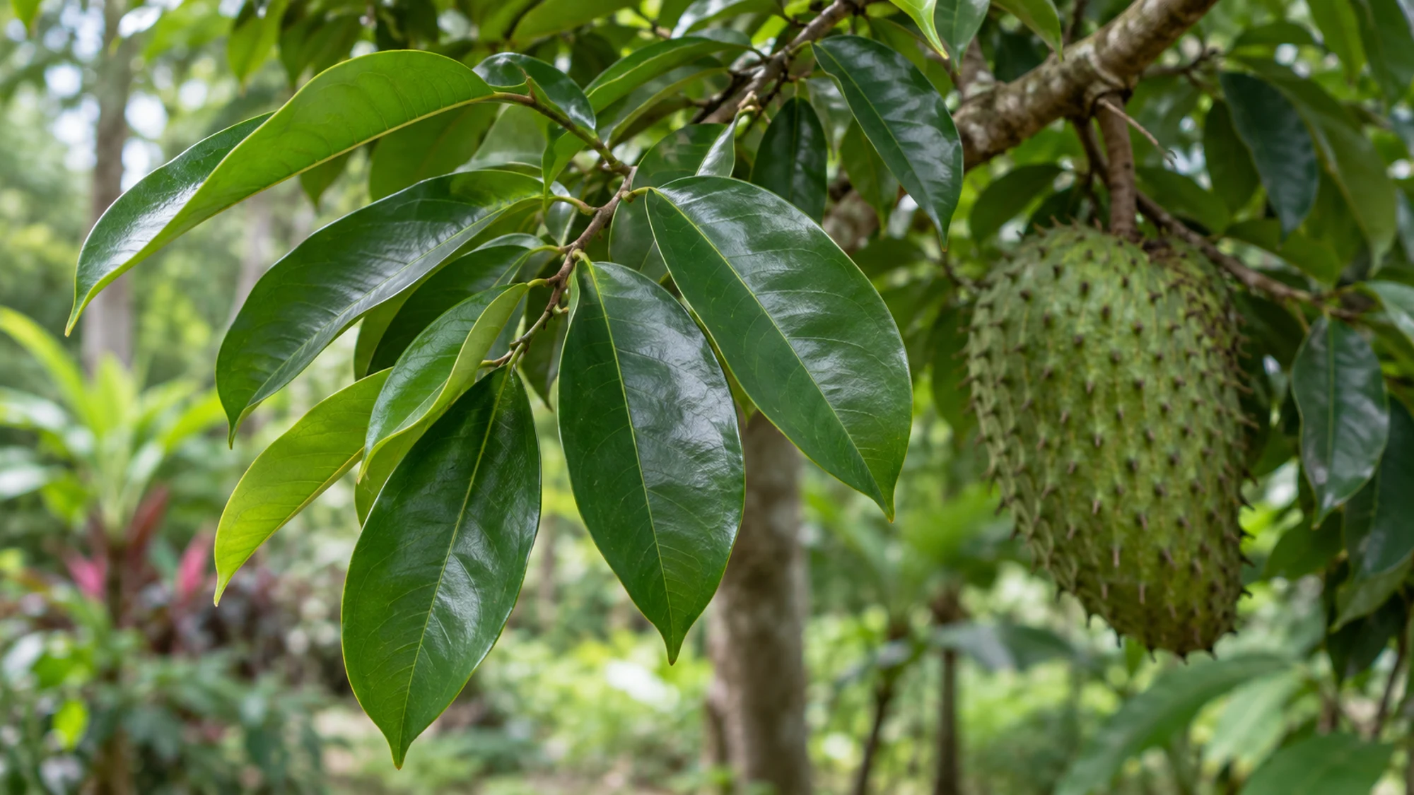Soursop leaves on a tree branch with a green spiny fruit behind them