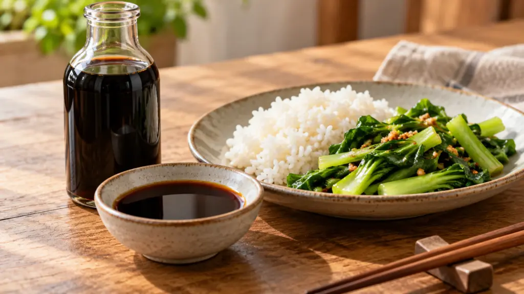 Soy sauce and gluten free meal planning with sauce, rice and greens