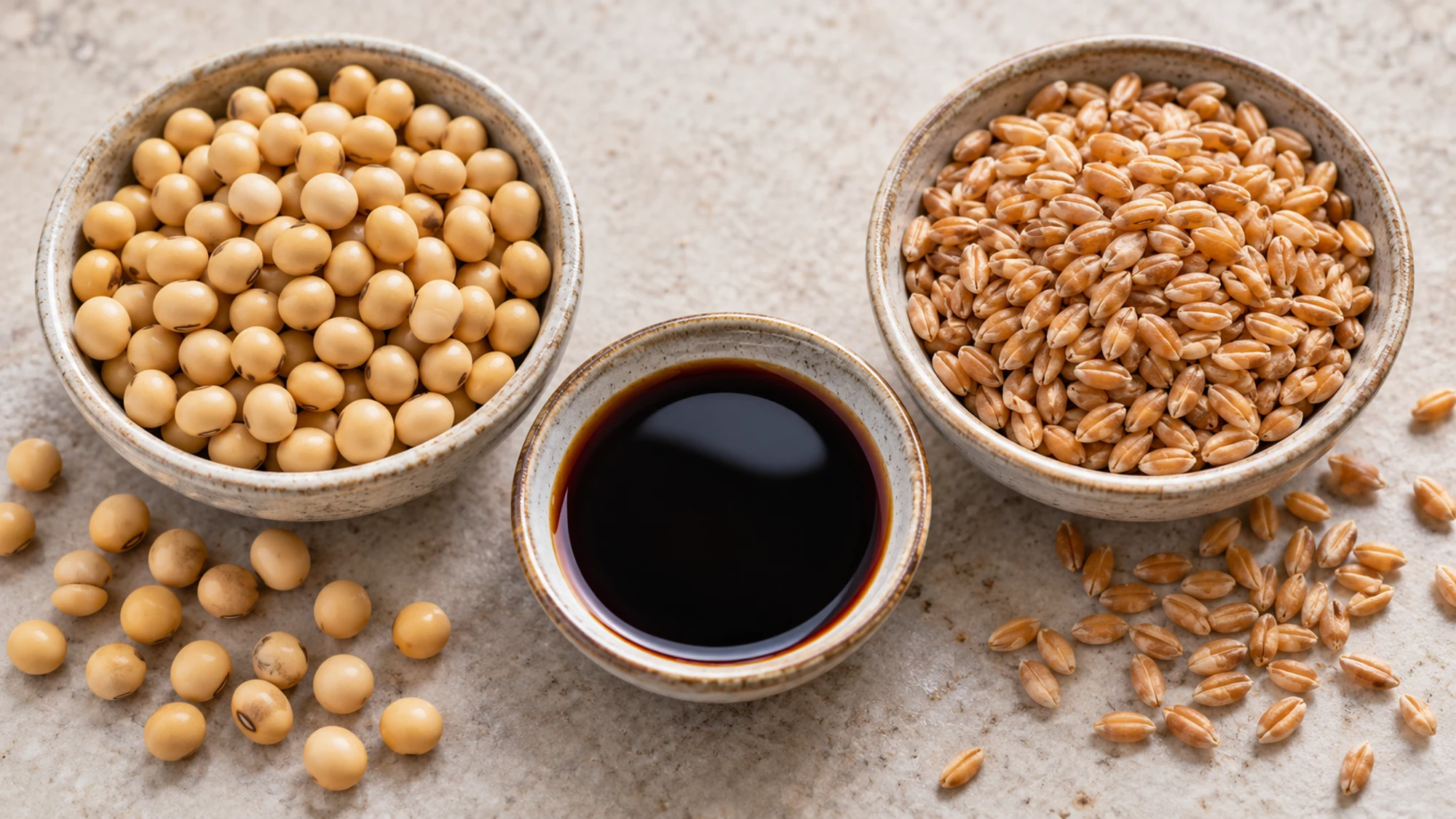 Dry soybeans and wheat beside a bowl of soy sauce