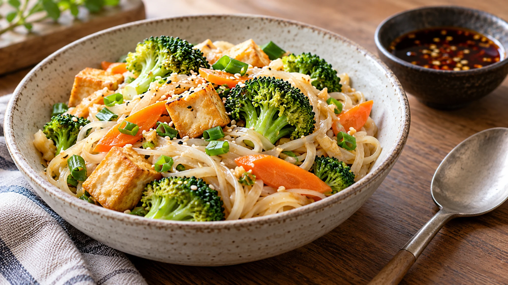 Rice noodles with tofu and vegetables beside a separate sauce bowl