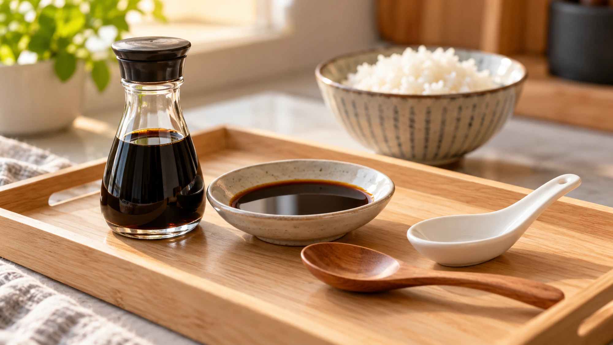 Soy sauce on a clean tray with separate serving spoons