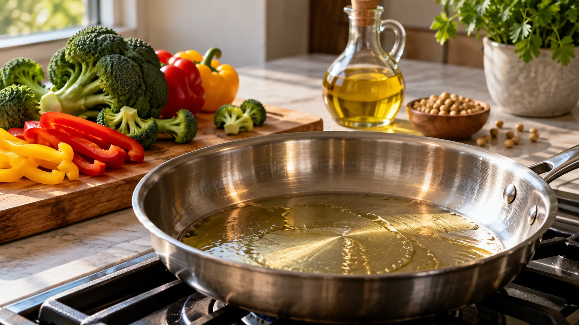 Soybean oil coating a stainless skillet beside peppers and broccoli