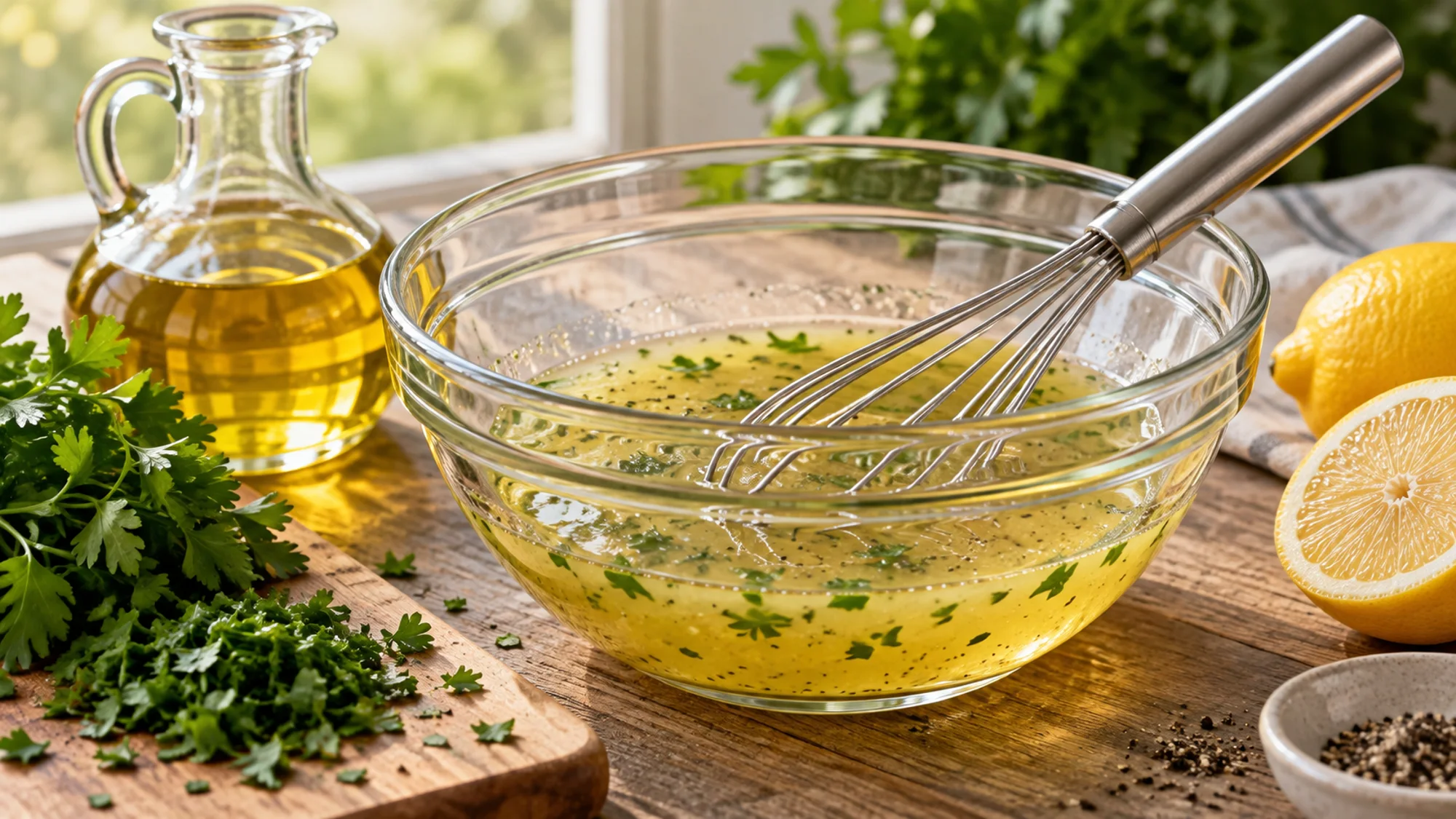Soybean oil mixed with lemon juice and herbs in a glass dressing bowl