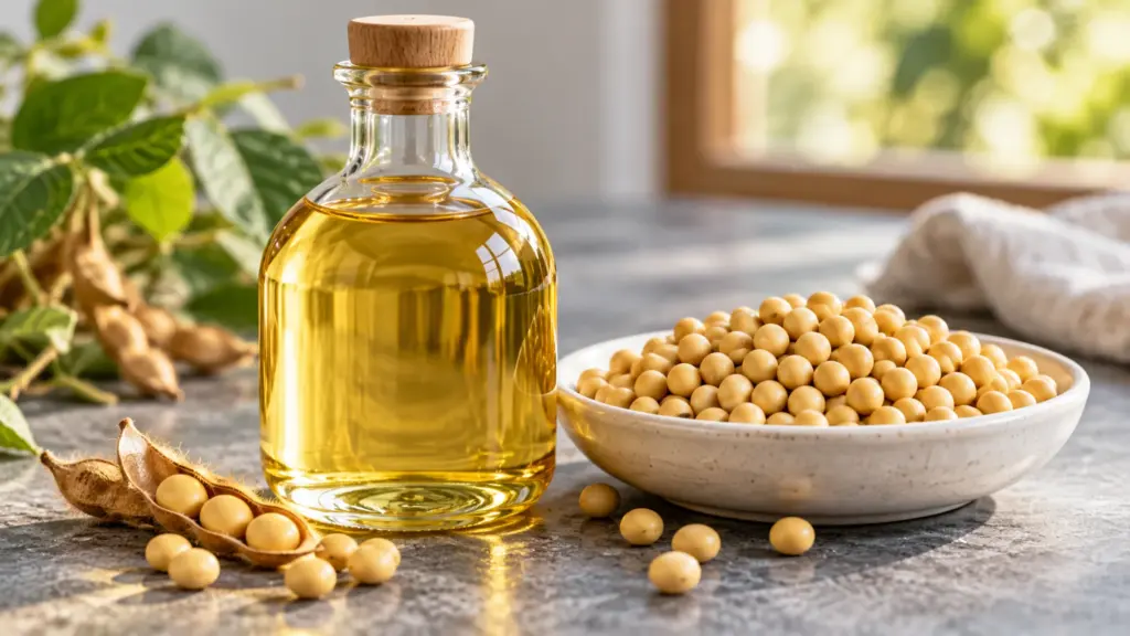 Soybean oil in a glass bottle beside dry soybeans and ripe pods