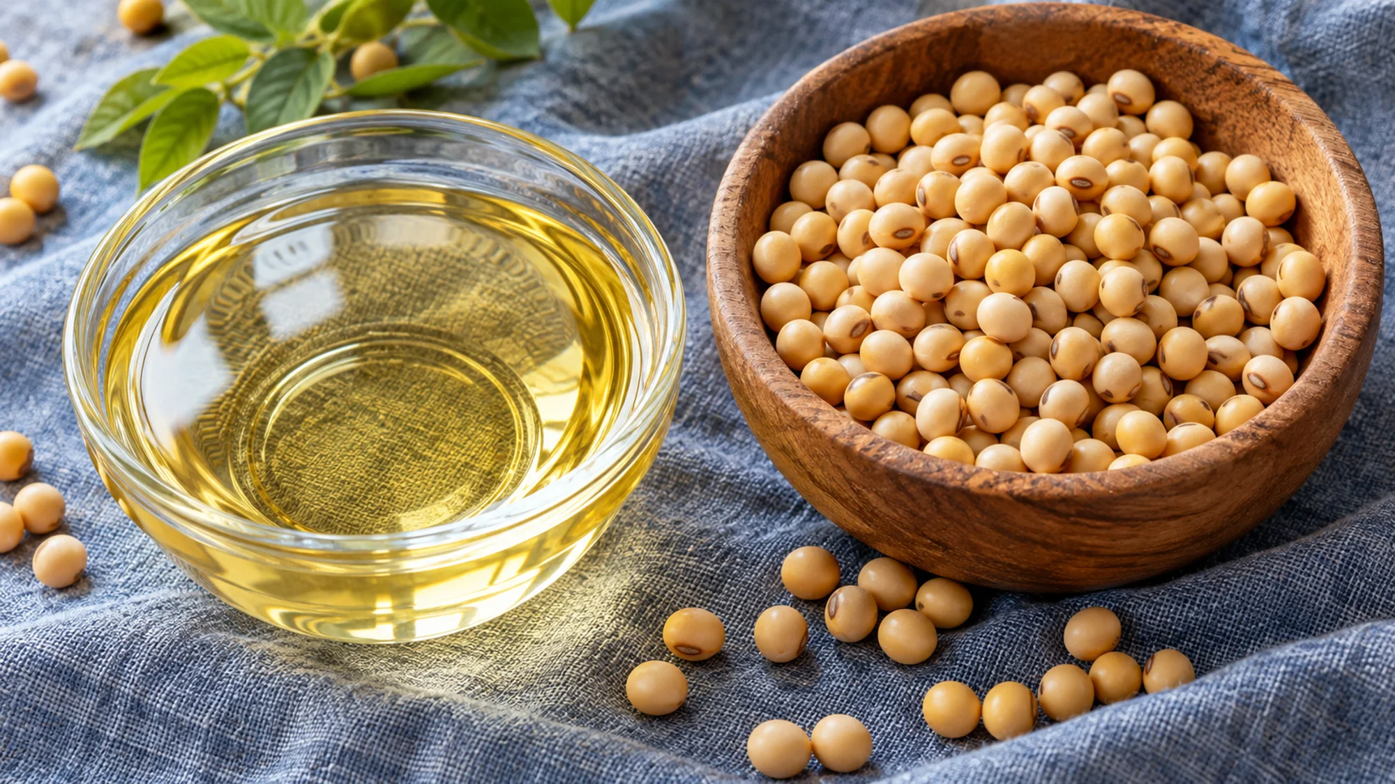 Soybean oil in a clear bowl beside yellow soybeans on blue linen