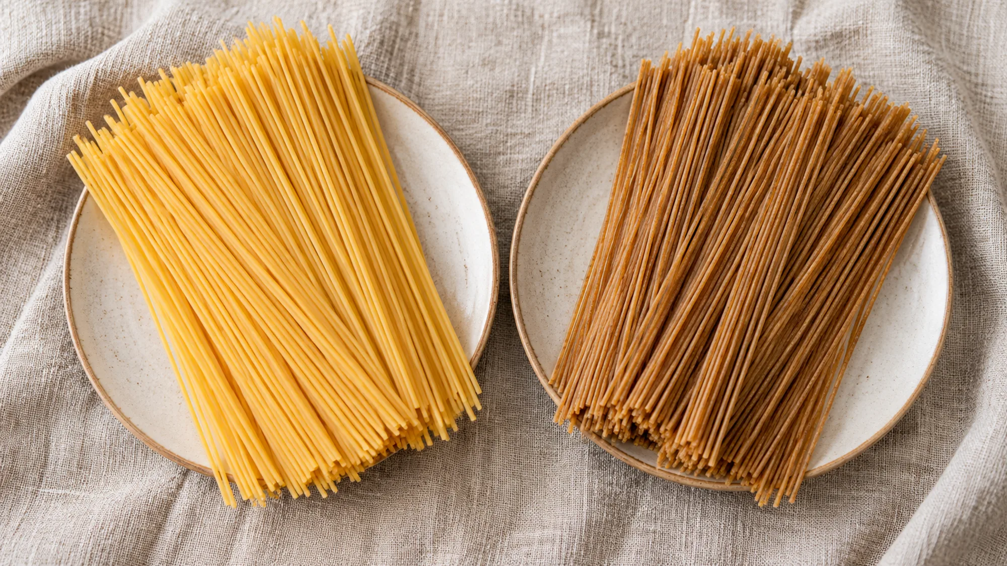 Classic golden and darker whole-wheat spaghetti compared on two plates
