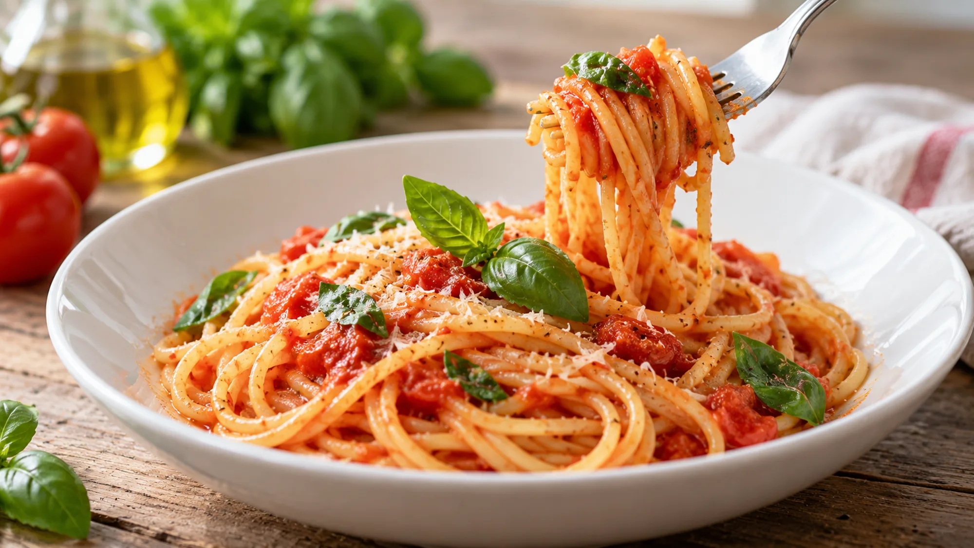 Cooked spaghetti in a light tomato sauce with basil