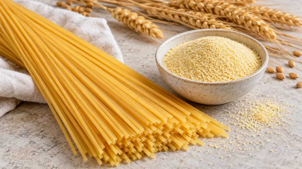 Spaghetti durum wheat strands beside semolina and wheat ears