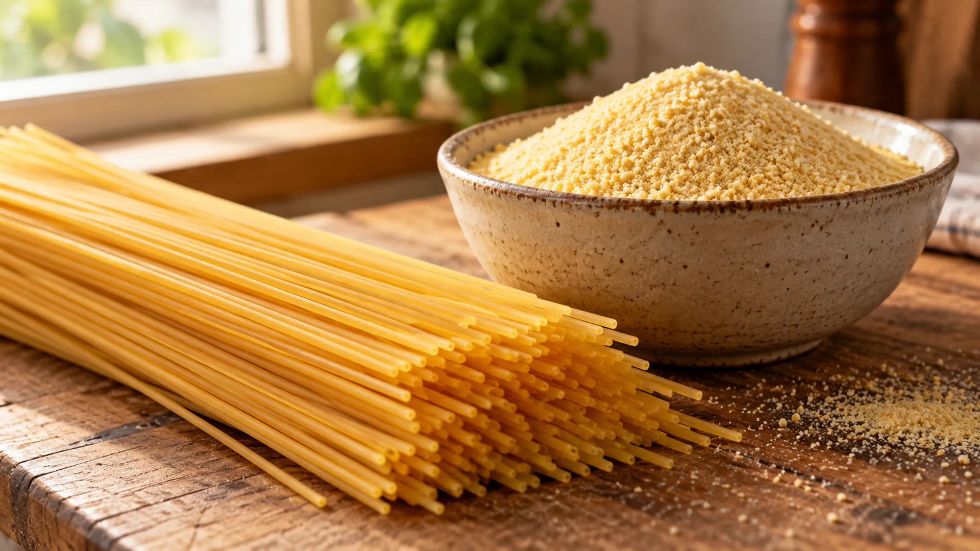 Dry golden spaghetti durum wheat strands with coarse semolina