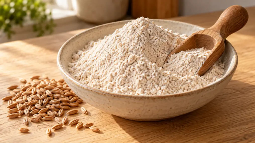 Spelt flour piled in a ceramic bowl with a wooden scoop and wheat grains