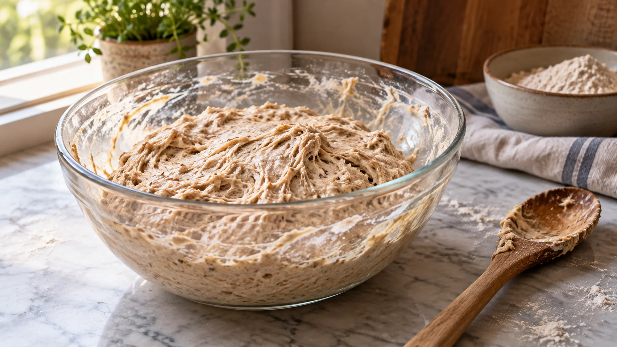 Spelt flour dough in a glass mixing bowl