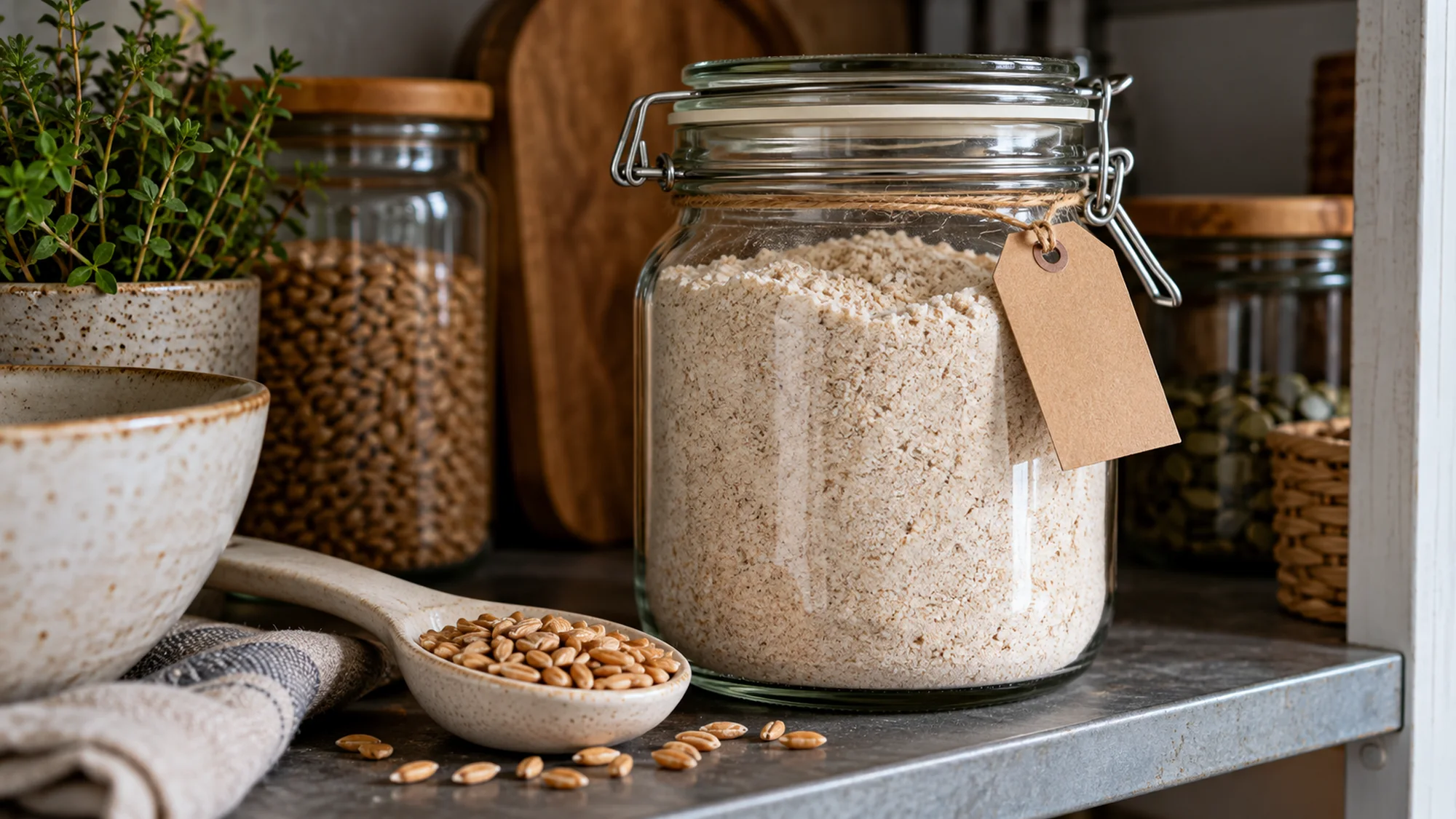 Spelt flour stored in a closed glass pantry jar
