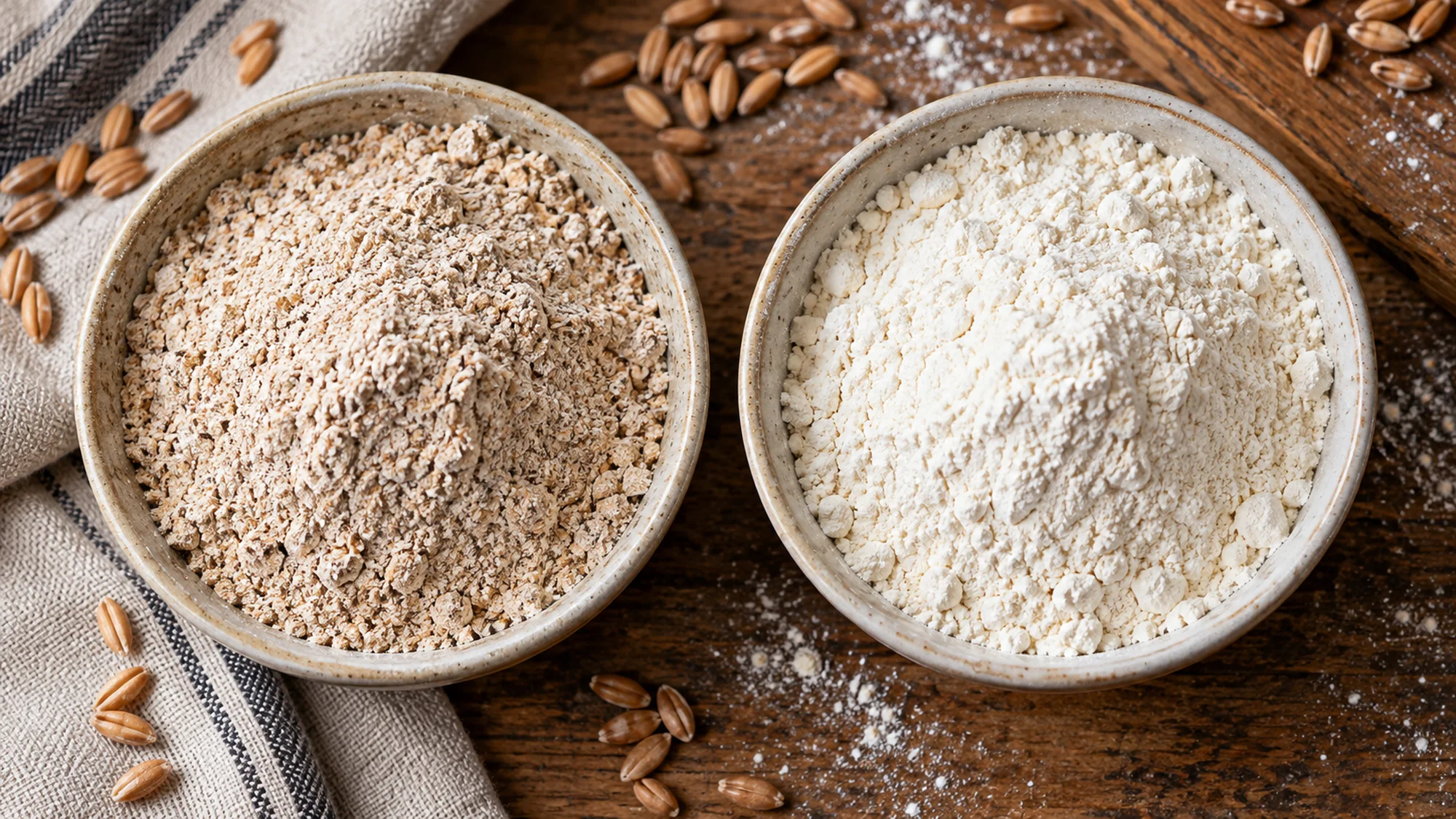 Wholemeal and white spelt flour in two bowls