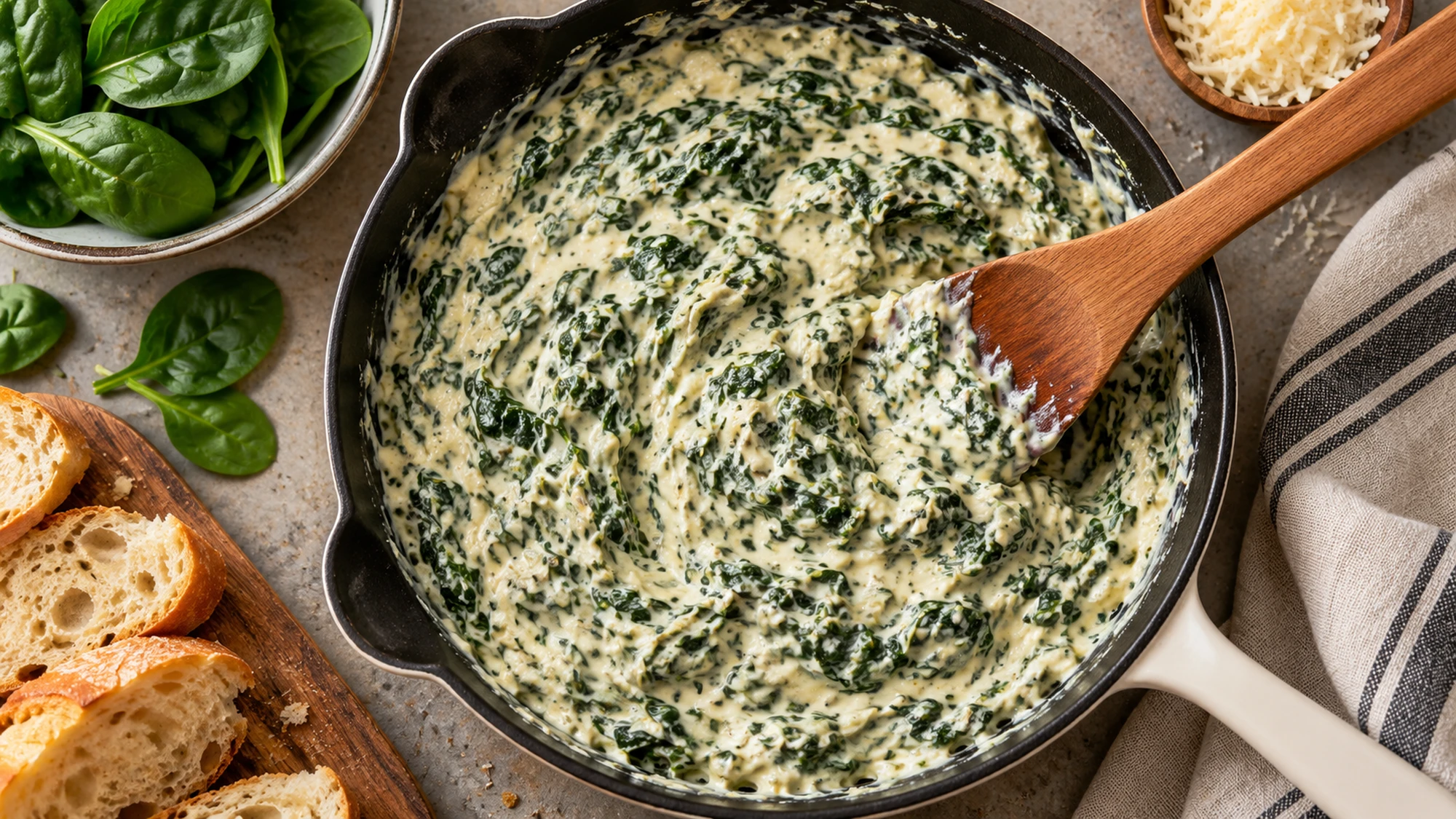 Spinach dip recipe warmed in a skillet with a wooden spatula