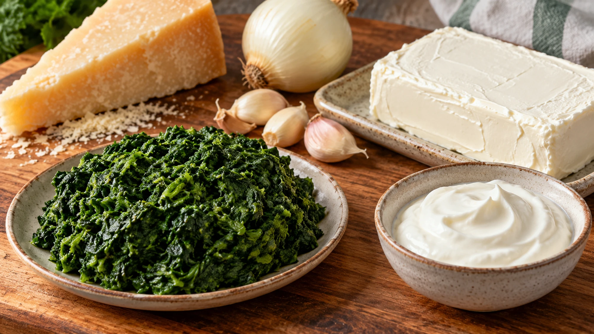 Chopped spinach, cream cheese, sour cream, Parmesan, onion and garlic for spinach dip recipe