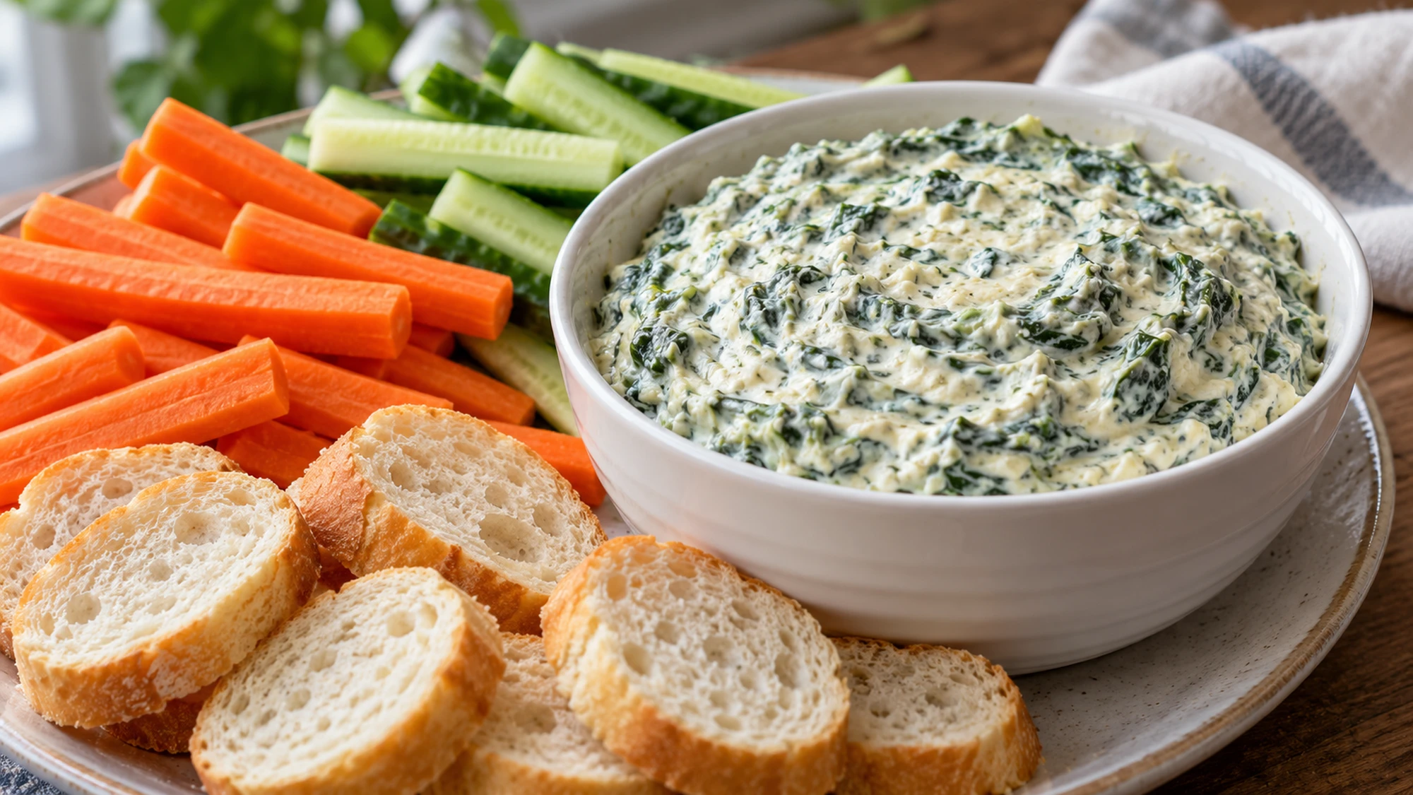 Spinach dip recipe served with baguette slices, carrot sticks and cucumber