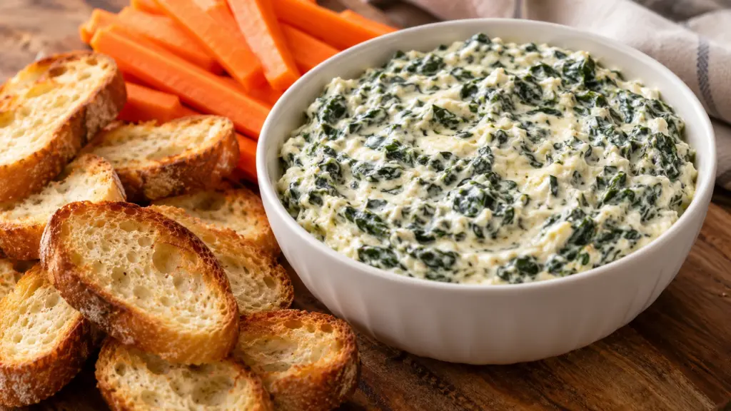 Spinach dip recipe in a white bowl beside toasted bread and carrots