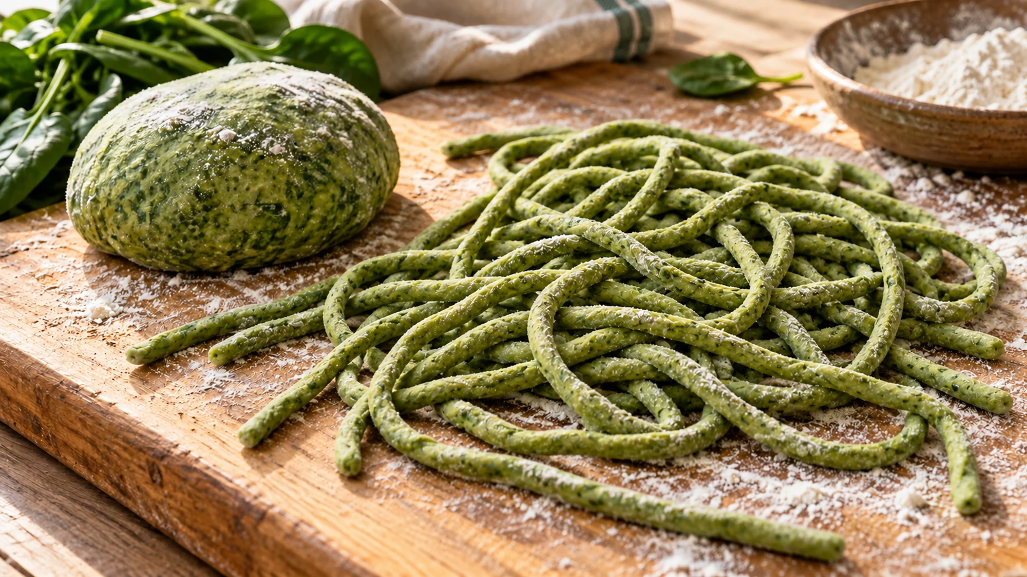 Preparing spinach pici pasta