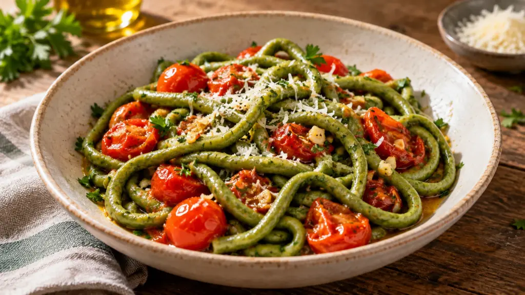 spinach pici pasta ready to serve