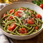 spinach pici pasta ready to serve