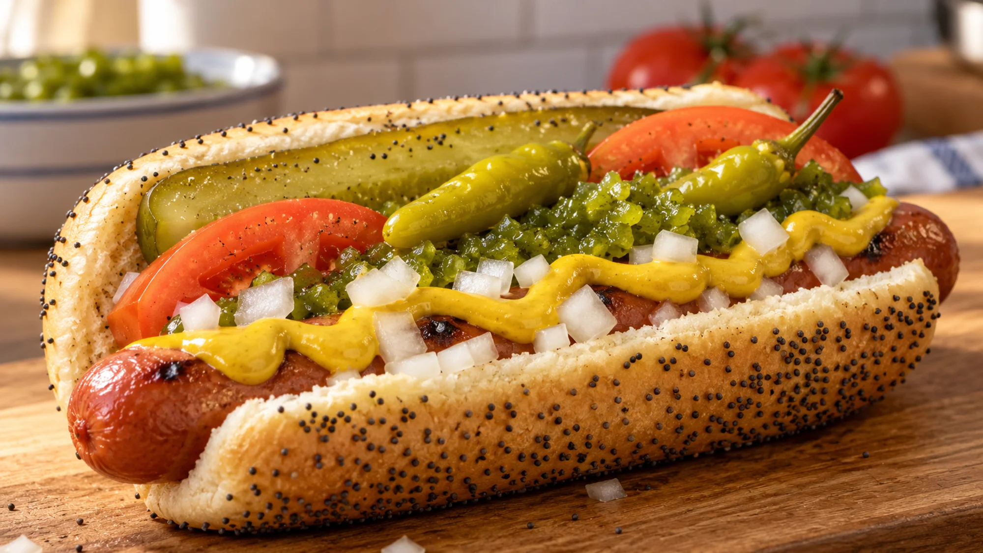 Chicago style hot dog topped with sport peppers