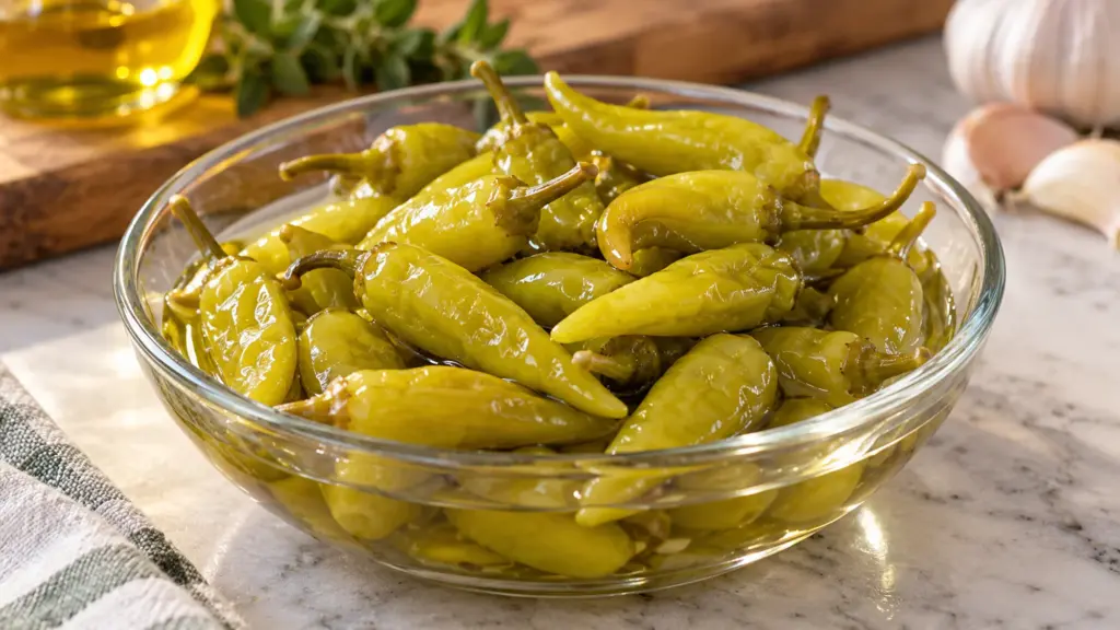 Small green pickled sport peppers in a glass bowl