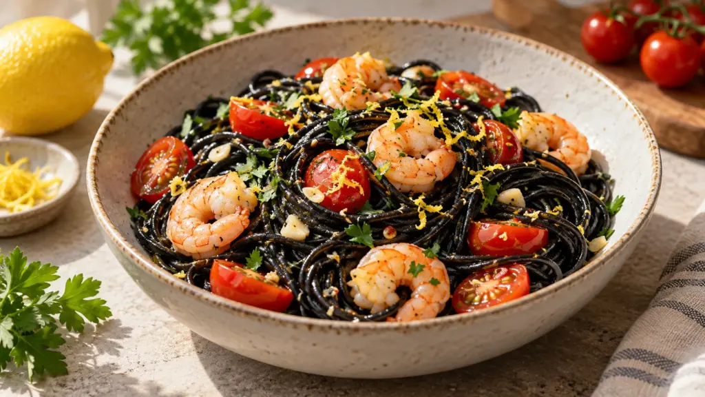 squid ink pasta ready to serve