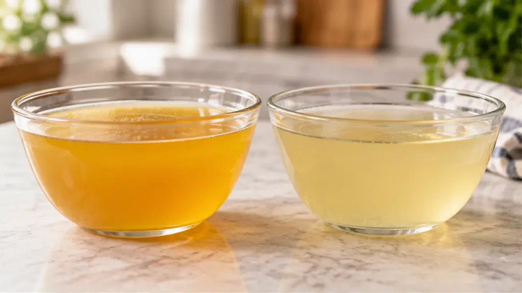 Chicken stock and broth in glass bowls