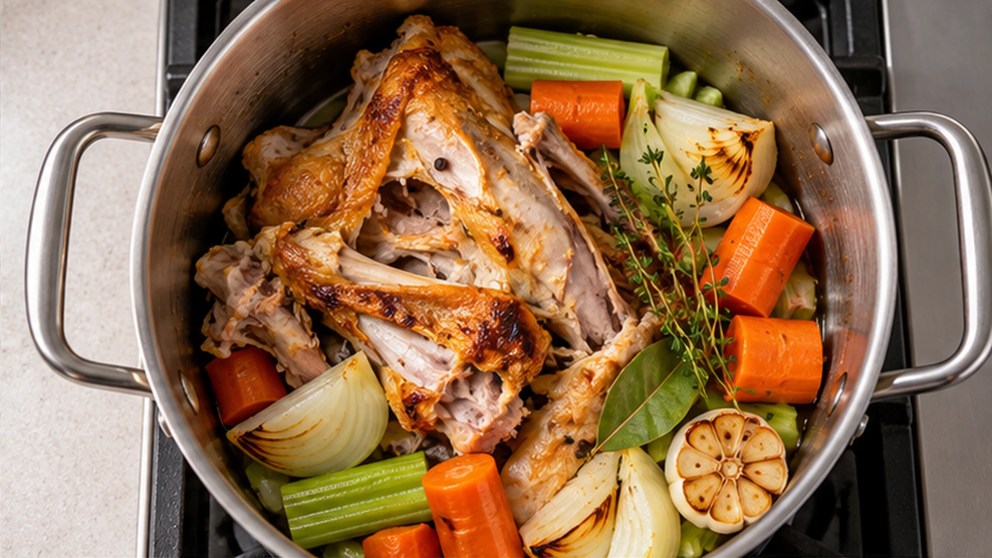 Roasted chicken bones and vegetables for stock