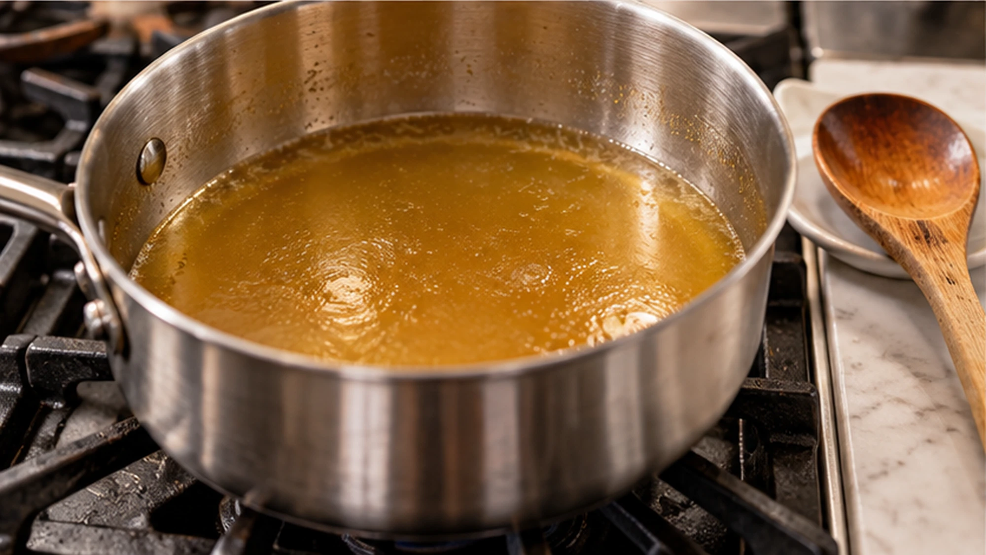 Golden stock simmering in a saucepan