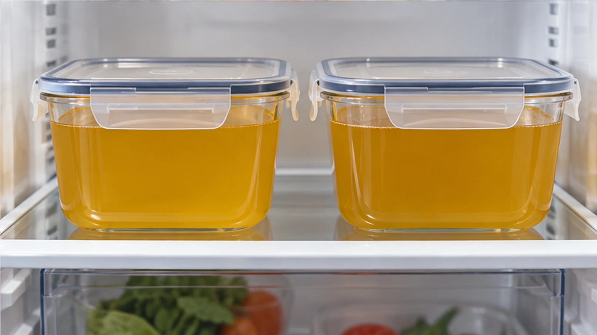 Strained broth in refrigerator containers