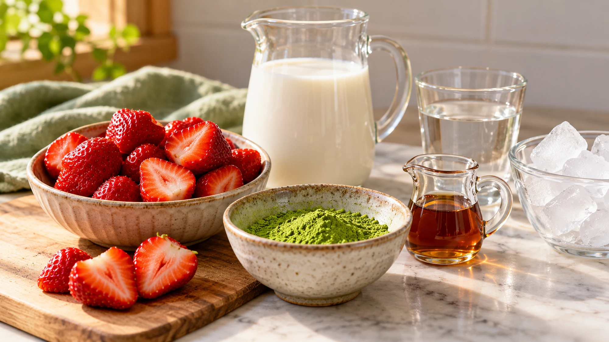 Ingredients for strawberry matcha latte