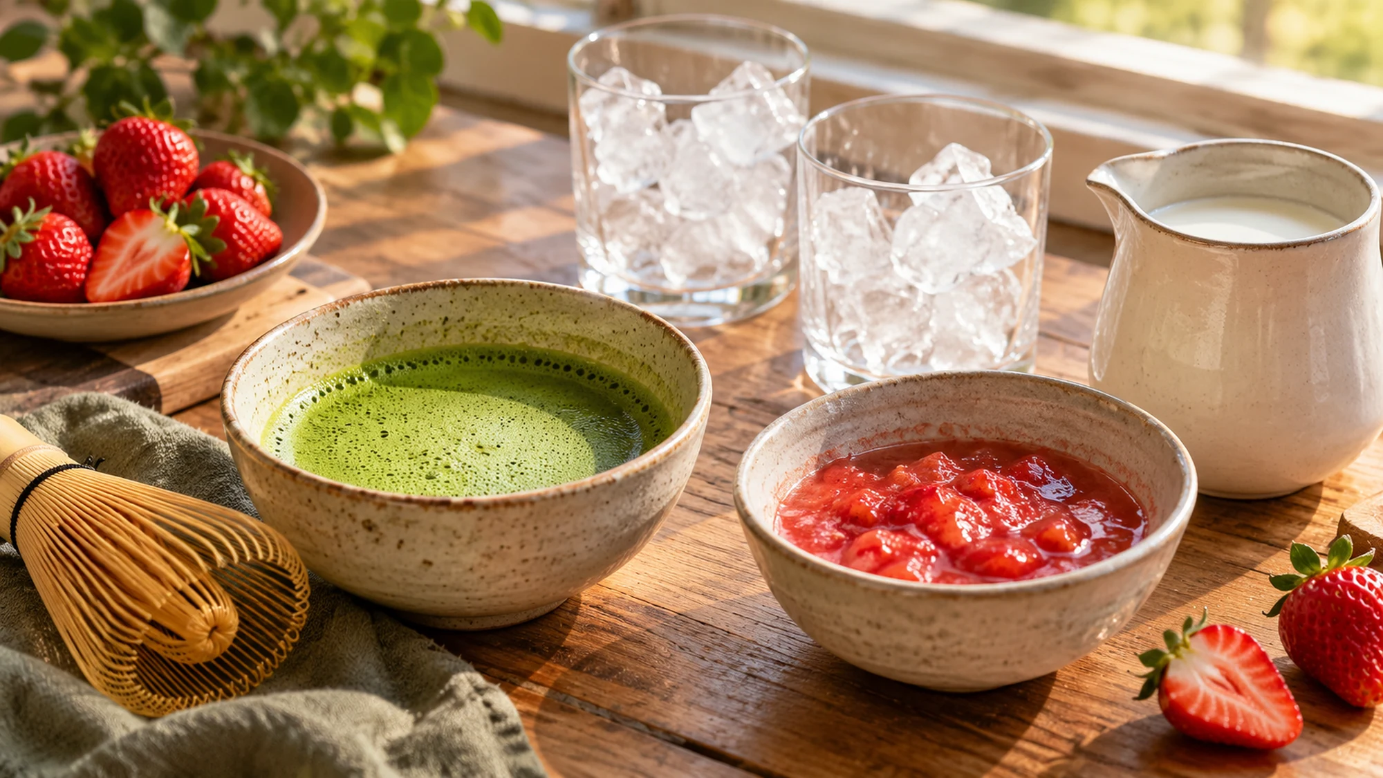 Preparing strawberry matcha latte