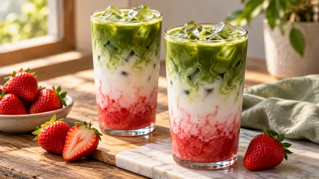 strawberry matcha latte ready to serve
