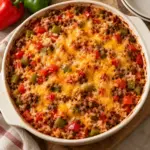 Overhead stuffed pepper casserole ready to serve