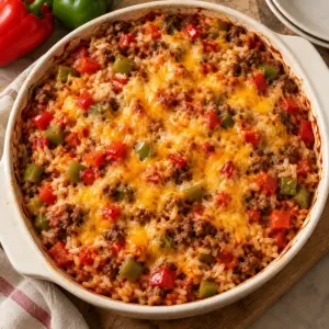 Overhead stuffed pepper casserole ready to serve