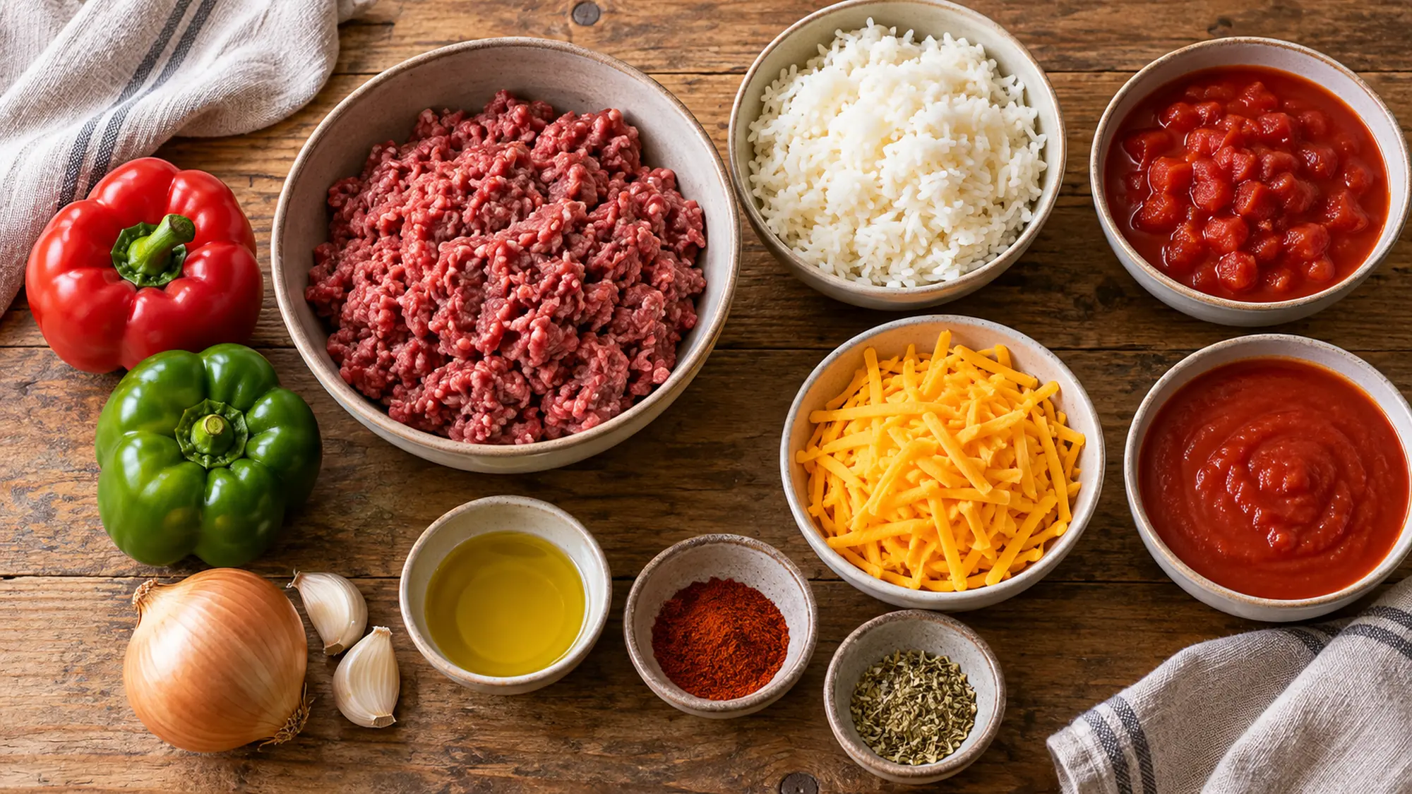 Ingredients for stuffed pepper casserole arranged before cooking