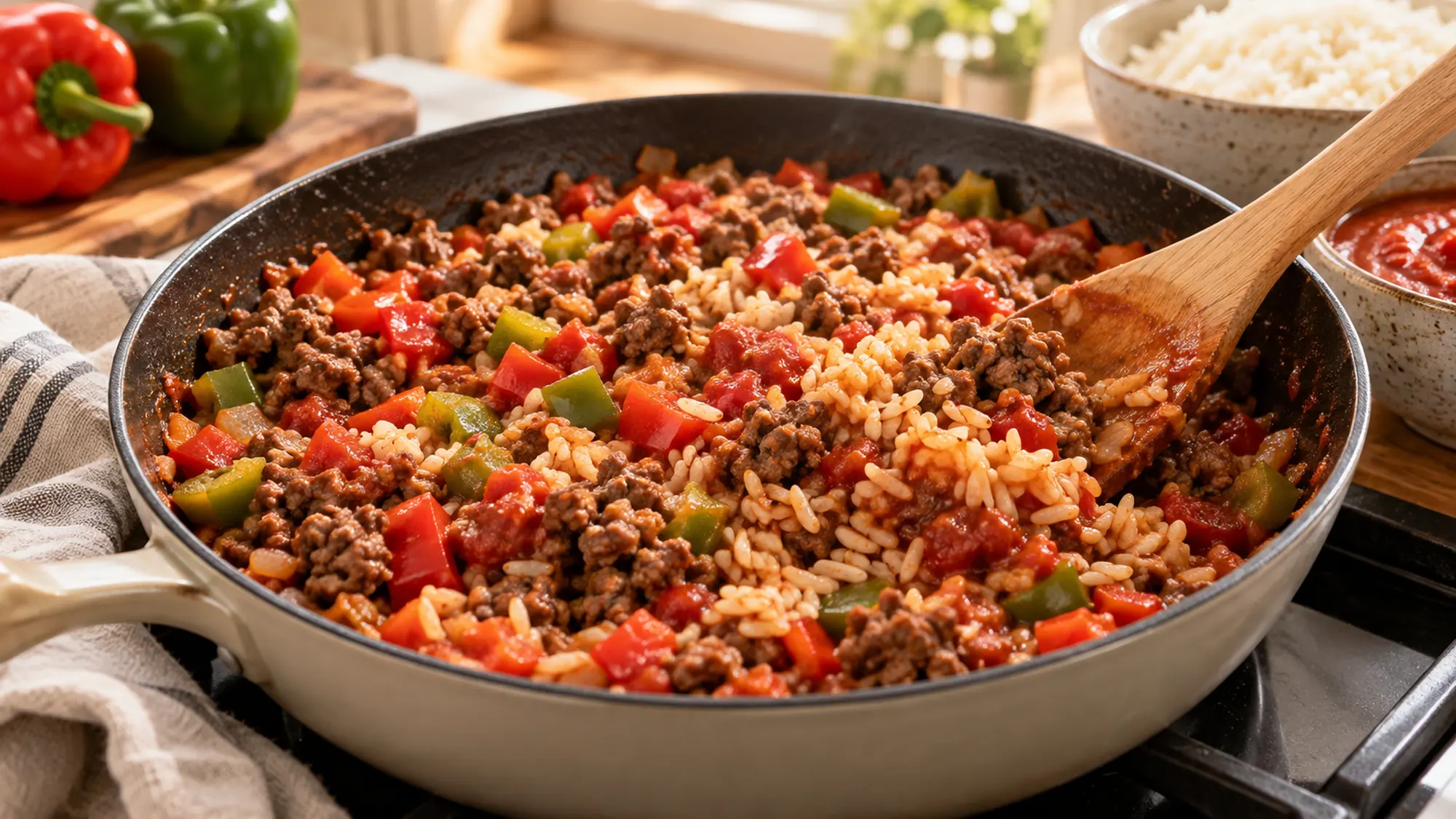 A skillet of browned ground beef and diced red and green bell peppers being mixed with cooked rice and tomato sauce before cheese is added