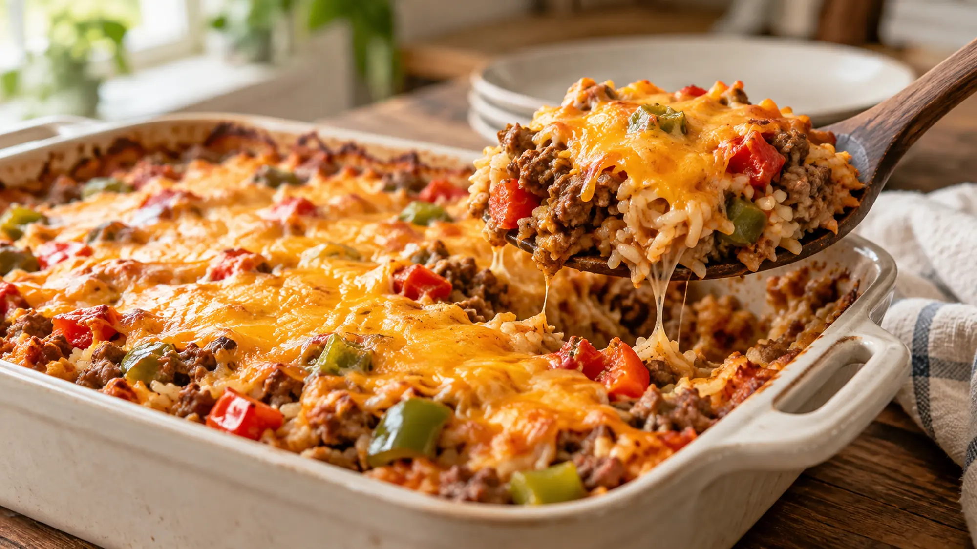 A serving of beef rice and bell pepper casserole lifted from a ceramic baking dish, with melted cheddar stretching only slightly