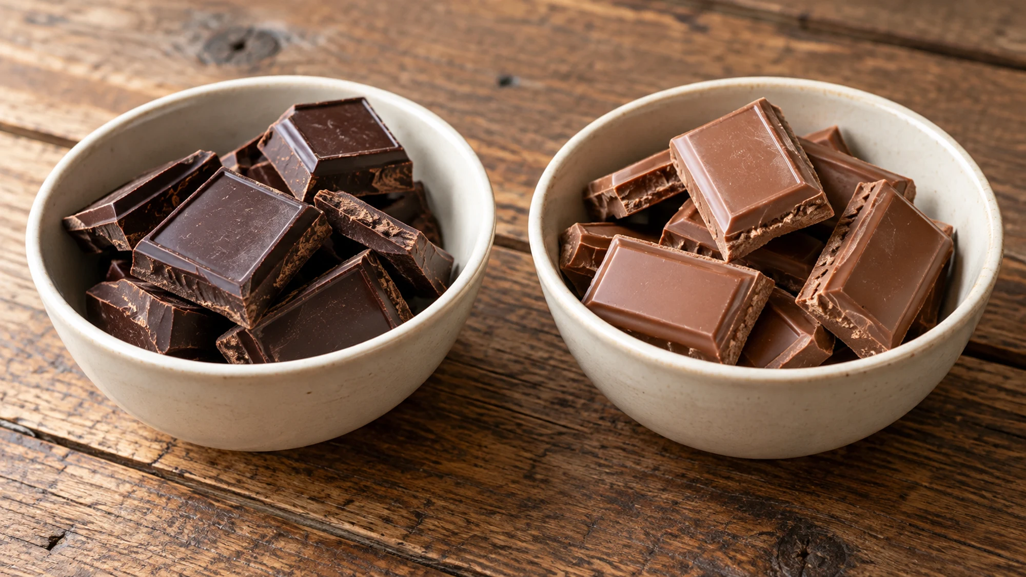 Dark chocolate and milk chocolate pieces in separate ceramic bowls