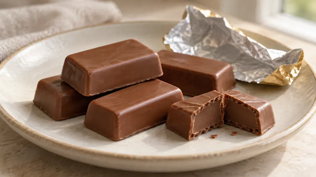 Plain milk chocolate rectangles and a broken piece on a cream plate