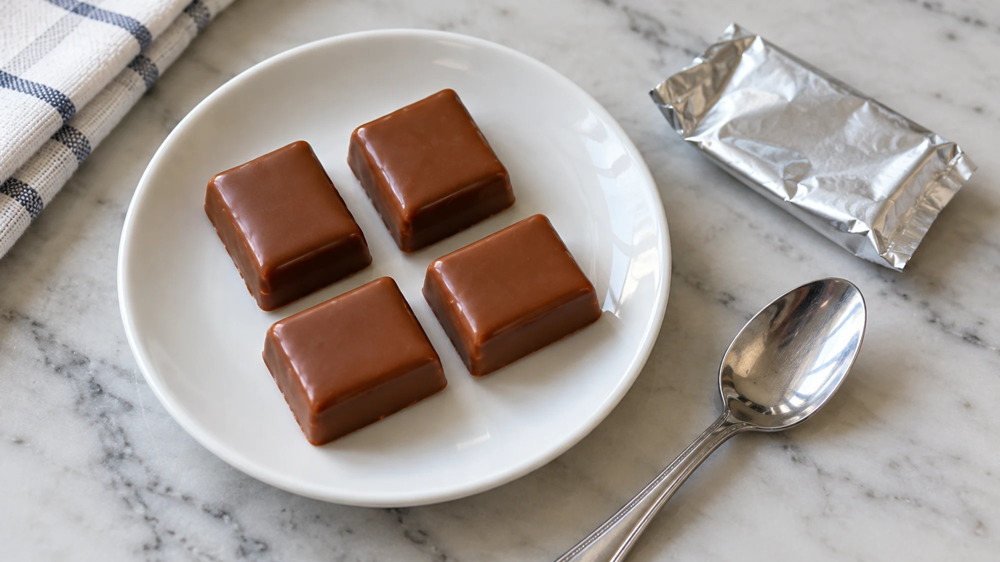 Four small plain chocolate pieces on a saucer beside a spoon