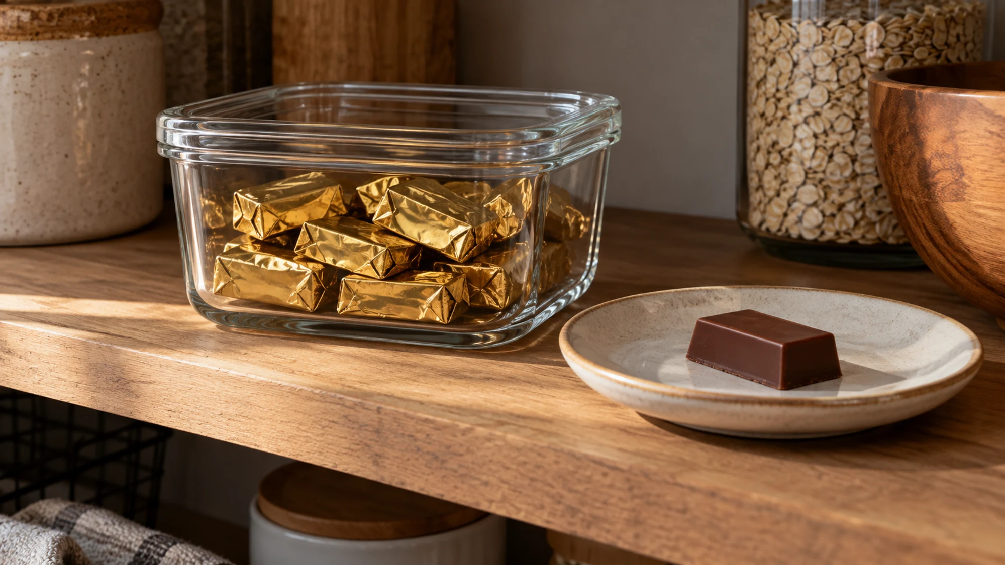 Foil-wrapped chocolate pieces in a glass container beside an unwrapped piece